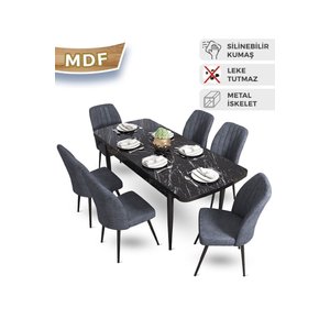 Mun Serisi 80x132 Açılabilir Mdf Siyah Mermer Desen Masa Takımı 6 Füme Sandalye
