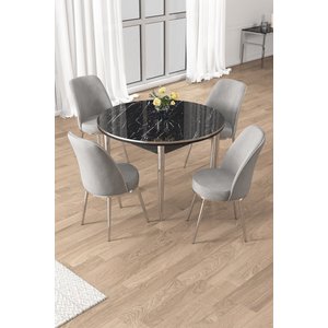 Osle Serisi 90x90 Yuvarlak Siyah Mermer Desen Mutfak Masa Takımı 4 Sandalye Krom Detay