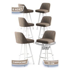 Atex Serisi 6 Adet Cappucino Sandalye 360°c Döner Bar Sandalyesi Babyface Kumaş Beyaz Metal Ayaklı