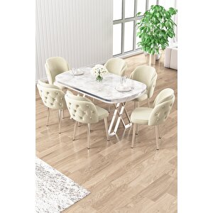 Zae Serisi 90x168 Lak Panel Beyaz Mermer Masa Krom Ayak Masa Takımı Ve 6 Krem Sandalye