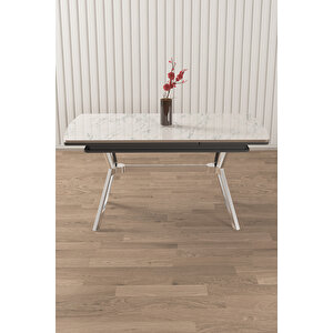 Beyaz Mermer Desen 89x150 Açılabilir Lak Panel Yemek Masası Krom Ayak
