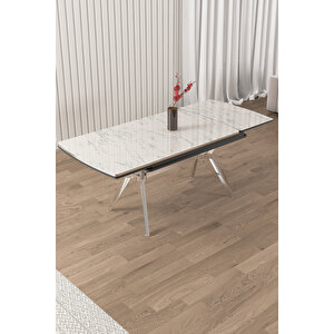 Beyaz Mermer Desen 89x150 Açılabilir Lak Panel Yemek Masası Krom Ayak