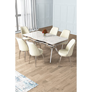 Prah Serisi 90x160 Lak Panel Beyaz Mermer Desen Krom Ayak 6 Krem Sandalye Masa Takımı