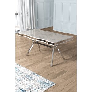 Beyaz Mermer Desen 90x160 Lak Panel Yemek Masası Krom Ayak