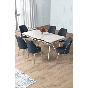 Prah Serisi 90x160 Lak Panel Beyaz Mermer Desen Krom Ayak Masa Takımı 6 Antrasit Sandalye