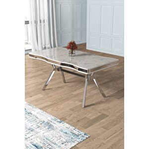 Prah Serisi 90x160 Lak Panel Beyaz Mermer Desen Krom Ayak Masa Takımı 6 Antrasit Sandalye