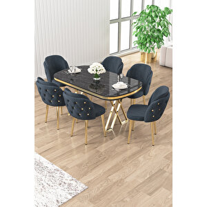 Zae Serisi 90x168 Lak Panel Siyah Mermer Desen Gold Ayak Masa Takımı 6 Antrasit Sandalye