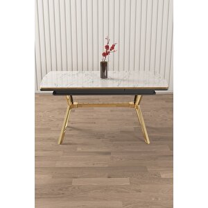 Beyaz Mermer Desen 89x150 Açılabilir Lak Panel Yemek Masası Gold Ayak