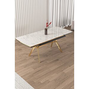 Beyaz Mermer Desen 89x150 Açılabilir Lak Panel Yemek Masası Gold Ayak
