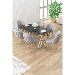 Zae Serisi 90x168 Lak Panel Siyah Mermer Desen Gold Ayak Masa Takımı 6 Gri Sandalye