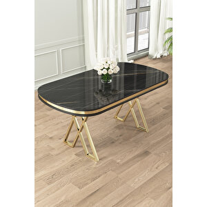 Zae Serisi 90x168 Lak Panel Siyah Mermer Desen Gold Ayak Masa Takımı 6 Gri Sandalye