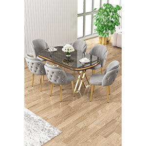 Zae Serisi 90x168 Lak Panel Antrasit Ironi Gold Ayak Masa Takımı 6 Gri Sandalye