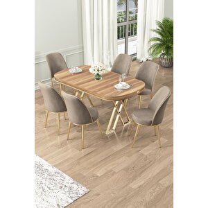 Lai Serisi 90x168 Lak Panel Hazar Gold Ayak Masa Takımı 6 Cappucino Sandalye