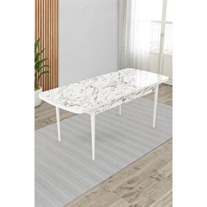 Beyaz Mermer Desen 80x132 Açılabilir Yemek Masası Ahşap Ayak