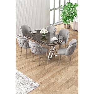 Zae Serisi 90x168 Lak Panel Antrasit Ironi krom Ayak Masa Takımı 6 Gri Sandalye