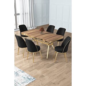 Prah Serisi 90x160 Lak Panel Hazar Gold Ayak Masa Takımı 6 Siyah Sandalye