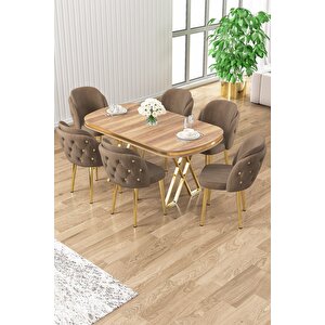 Zae Serisi 90x168 Lak Panel Hazar Gold Ayak Masa Takımı 6 Kahve Sandalye