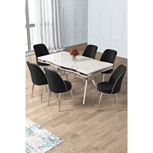 Prah Serisi 90x160 Lak Panel Beyaz Mermer Desen Krom Ayak Masa Takımı 6 Siyah Sandalye