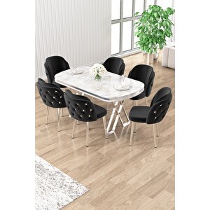 Zae Serisi 90x168 Lak Panel Beyaz Mermer Masa Krom Ayak Masa Takımı Ve 6 Siyah Sandalye