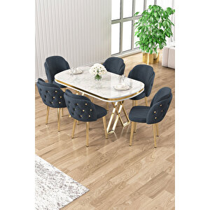 Zae Serisi 90x168 Lak Panel Beyaz Mermer Desen Gold Ayak Masa Takımı 6 Antrasit Sandalye