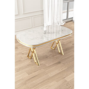Zae Serisi 90x168 Lak Panel Beyaz Mermer Desen Gold Ayak Masa Takımı 6 Antrasit Sandalye