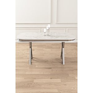 Beyaz Mermer Desen 90x168 Sabit Lak Panel Masa Krom Ayak