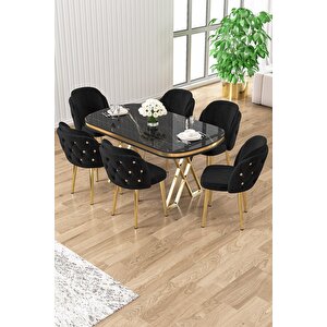 Zae Serisi 90x168 Lak Panel Siyah Mermer Desen Gold Ayak Masa Takımı 6 Siyah Sandalye