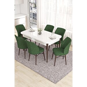 Eva Serisi 80x132 Açılabilir Mdf Mutfak Masası Takımı Beyaz Ceviz Masa 6 Haki Yeşil Sandalye