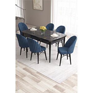Ves Serisi 80x132 Mdf Açılabilir Siyah Mermer Desen Yemek Masası 6 Adet Lacivert Sandalye