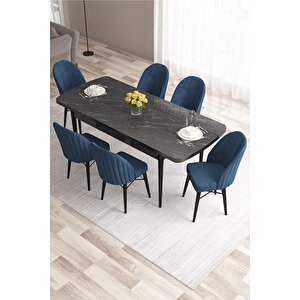Ves Serisi 80x132 Mdf Açılabilir Siyah Mermer Desen Yemek Masası 6 Adet Lacivert Sandalye
