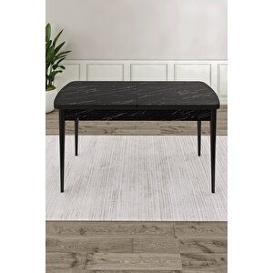 Ves Serisi 80x132 Mdf Açılabilir Siyah Mermer Desen Yemek Masası 6 Adet Lacivert Sandalye
