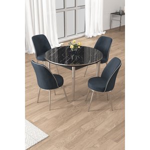 Osle Serisi 90x90 Yuvarlak Siyah Mermer Desen Mutfak Masa Takımı 4 Sandalye Krom Detay
