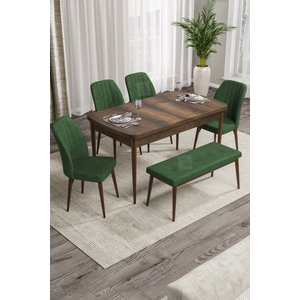 Rio Serisi Bench'li Barok Ahşap Desenli Mdf Mutfak Masası 4 Haki Sandalye Takımı