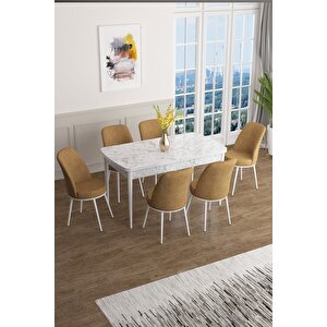 Han Serisi 70x114 Açılabilir Mdf Mutfak Masası Takımı Beyaz Mermer Desen Masa 6 Cappucino Sandalye