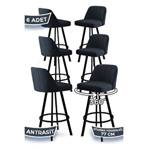 Atex Serisi 6 Adet Antrasit Sandalye 360°c Döner Bar Sandalyesi Babyface Kumaş Siyah Metal Ayaklı