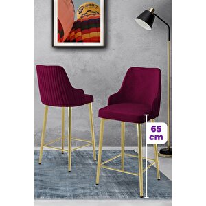 Tera Serisi 4 Adet Babyface Kumaş 65 Cm Gold Kaplama Ayaklı Mürdüm Bar Sandalyesi