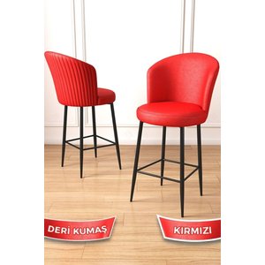 Uras Serisi 4 Adet Kırmızı Deri Bar Sandalyesi Deri Ada Mutfak Sandalyesi Siyah Metal Ayaklı