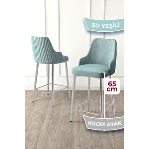 Tera Serisi 1 Adet Babyface Kumaş 65 Cm Krom Kaplama Ayaklı Su Yeşili Bar Sandalyesi