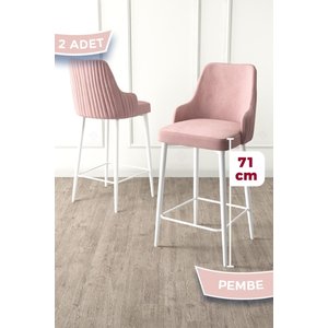 Enox Serisi, 2 Adet Pembe Sandalye Yemek Odası Bar Sandalyesi, Babyface Kumaş, Beyaz Metal Ayak,