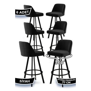 Atex Serisi 6 Adet Siyah Bar Sandalye 360°c Döner Bar Sandalyesi Babyface Kumaş Siyah Metal Ayaklı