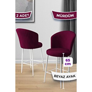Alte Serisi 2 Adet Mürdüm Sandalye 65 Cm Ada Mutfak Bar Sandalyesi Babyface Kumaş Beyaz Metal Ayak