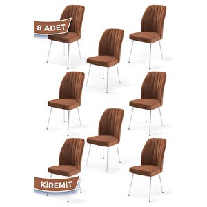 Platinum Serisi, Üst Kalite Yemek Odası Sandalyesi, 8 Adet Kiremit Sandalye, Metal Beyaz Iskeletli