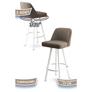 Atex Serisi 2 Adet Cappucino Sandalye 360°c Döner Bar Sandalyesi Babyface Kumaş Beyaz Metal Ayaklı