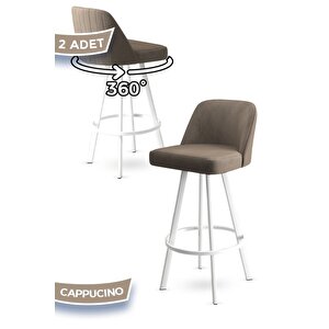 Atex Serisi 2 Adet Cappucino Sandalye 360°c Döner Bar Sandalyesi Babyface Kumaş Beyaz Metal Ayaklı