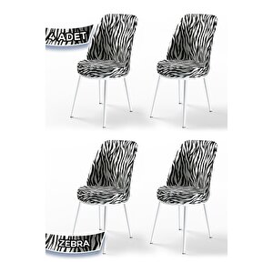 Dexa Serisi, Üst Kalite Mutfak Sandalyesi,4 Adet Zebra Desen Sandalye, Metal Beyaz Iskeletli