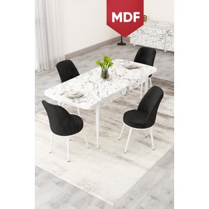 Rax Serisi 80x132 Mdf Açılabilir Beyaz Mermer Desen Yemek Odası Takımı Ve 4 Siyah Desen Sandalye