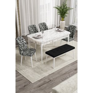 Rio Serisi Bench'li Beyaz Mermer Desenli Mdf Mutfak Masası 4 Zebra Sandalye