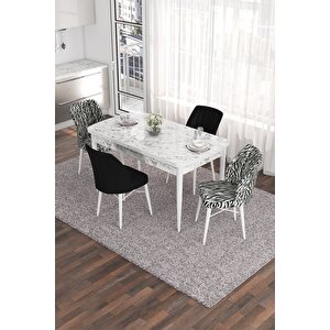 Eva Serisi 80x132 Açılabilir Mdf Mutfak Masası Takımı Beyaz Mermer Desen 2 Zebra 2 Siyah Sandalye
