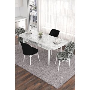 Eva Serisi 80x132 Açılabilir Mdf Mutfak Masası Takımı Beyaz Mermer Desen 2 Zebra 2 Siyah Sandalye