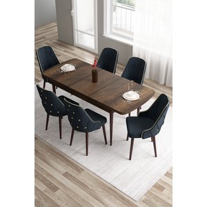 Tia Serisi 80x132 Açılabilir Mdf Mutfak Masası Takımı Barok Desen Masa 6 Antrasit Sandalye